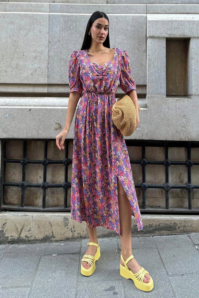 For You Moda Midikleid Natürliche Viskose Vorderseite Geraffte Schlitz Gemustertes Langes Lil von For You Moda