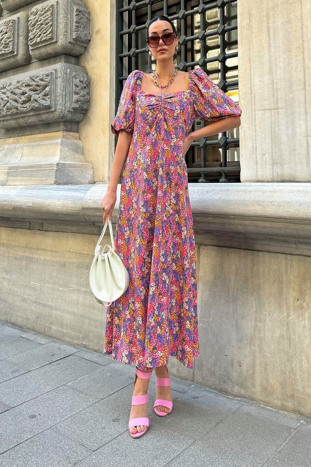 For You Moda Midikleid Natürliche Viskosemuster Langes Lila Kleid mit Halsband von For You Moda