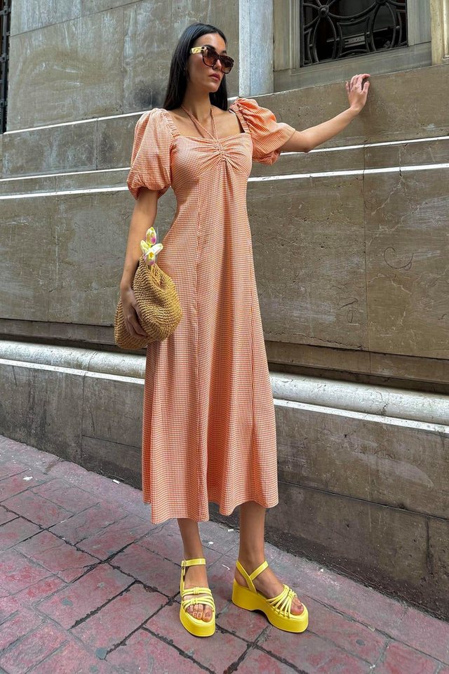 For You Moda Midikleid Natürliches Viskosemuster Langes Oranges Kleid mit Halsband von For You Moda