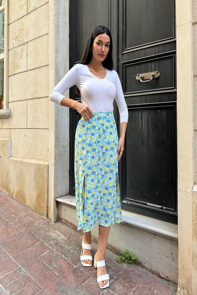 For You Moda Midirock Natürliche Viskose Doppel-Schlitz Blauer Rock von For You Moda