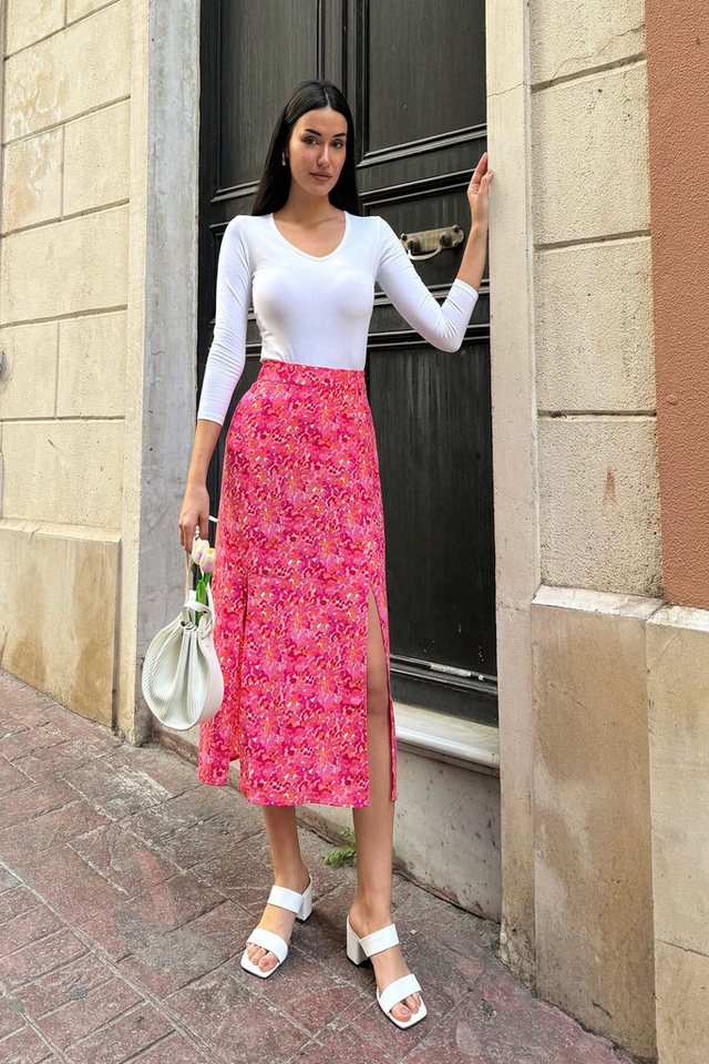 For You Moda Midirock Natürliche Viskose Doppel-Schlitz Fuchsia Rock von For You Moda