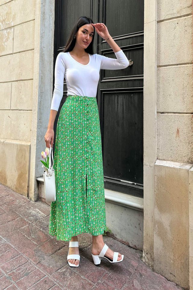 For You Moda Midirock Natürliche Viskose Vorderknopf Muster Grüner Rock von For You Moda