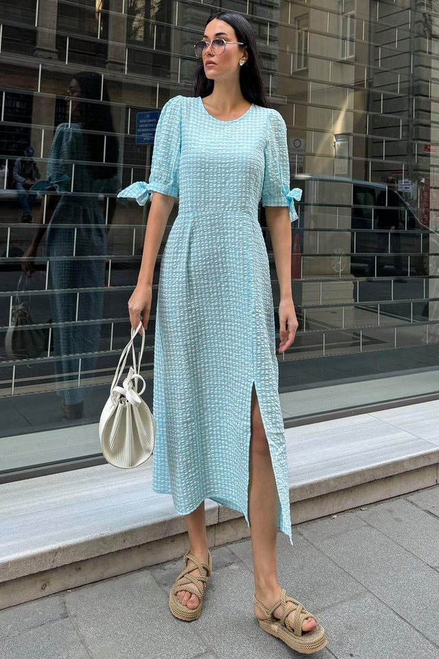 For You Moda Minikleid Natürliche Viskose Waffel Karo Schlitz Maxi Blaues Kleid von For You Moda