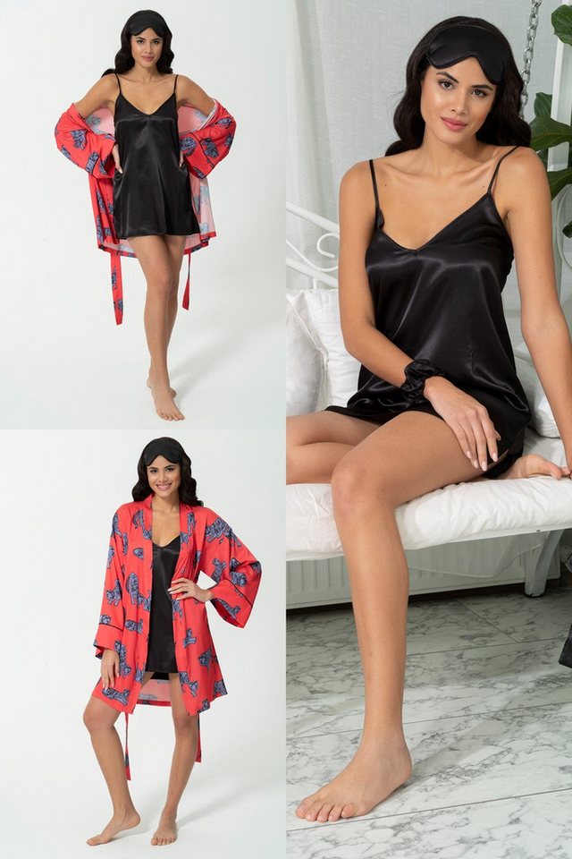 For You Moda Nachthemd 5-teiliges rotes Satin-Nachthemd-Set von For You Moda