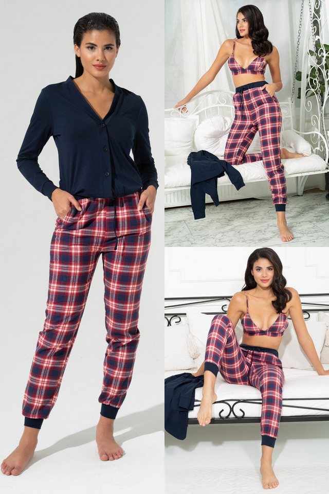 For You Moda Pyjama 3-teiliges kariertes Bustier-Cardigan-Set in Marineblau von For You Moda