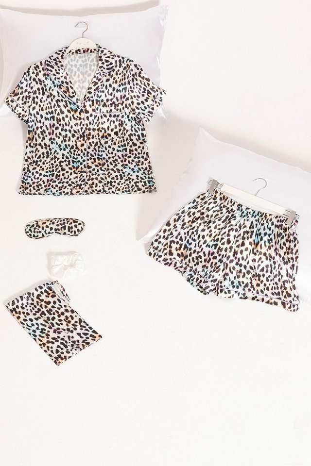 For You Moda Pyjama 5-teiliges Leopardenmuster Satin-Pyjama-Shorts-Set von For You Moda