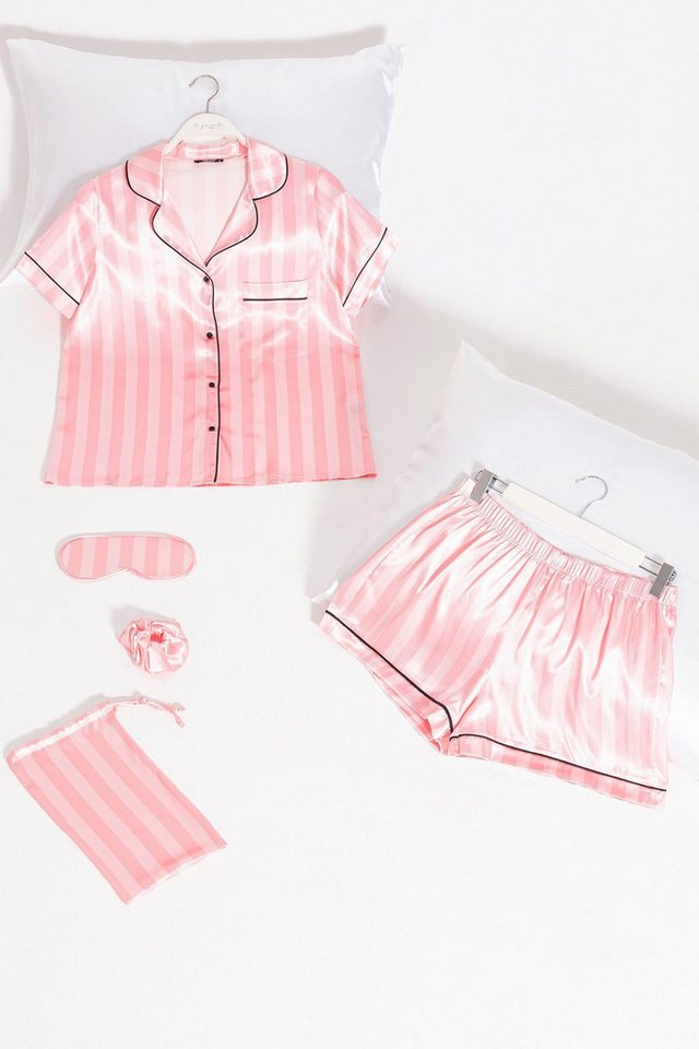 For You Moda Pyjama 5-teiliges Pink Fuchsia Gestreiftes Satin-Pyjama-Shorts-Set von For You Moda