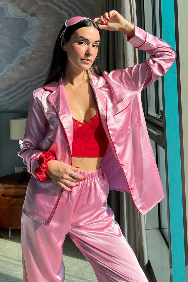 For You Moda Pyjama 5-teiliges Rosa Satin-Pyjama-Set mit Bustier-Detail von For You Moda