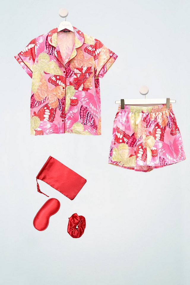 For You Moda Schlafanzug 5-teiliges Satin-Schlafanzug-Set mit Schmetterlingsdruck von For You Moda