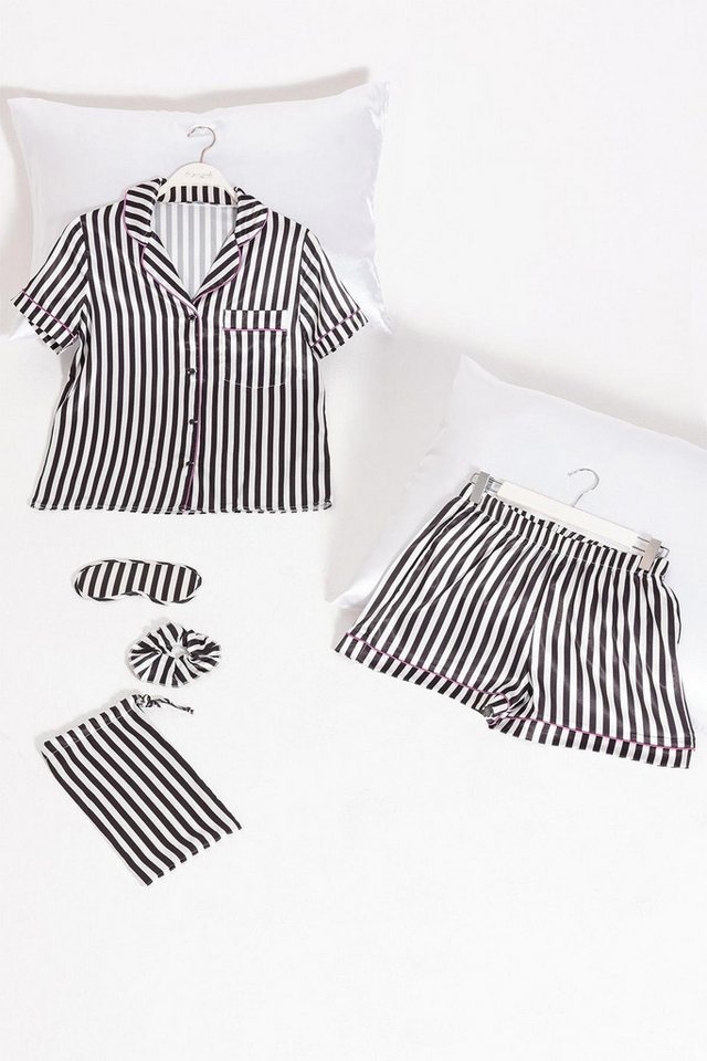 For You Moda Pyjama 5-teiliges Schwarz-Weiß gestreiftes Satin-Pyjama-Shorts-Set von For You Moda