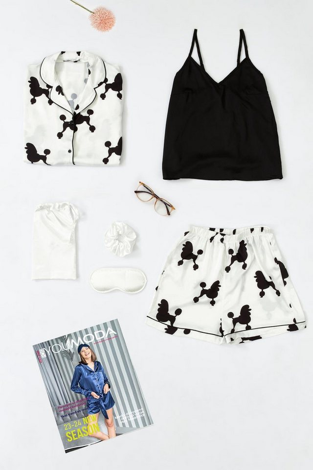 For You Moda Pyjama 6-teiliges Hundemuster Weiß Satin Pyjama-Set von For You Moda