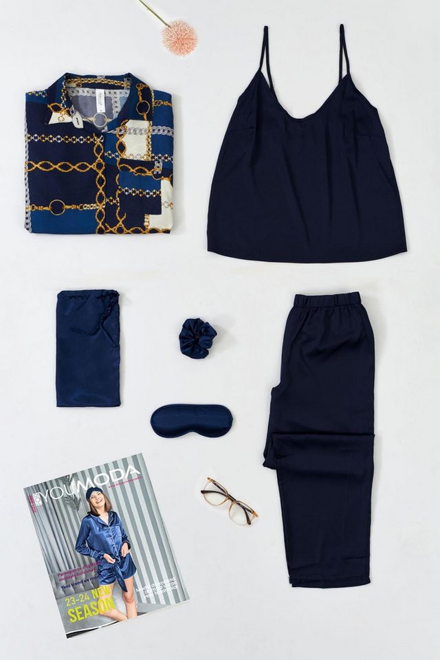 For You Moda Schlafanzug 6-teiliges Marine-Kettenmuster-Pyjama-Set für drinnen und draußen von For You Moda