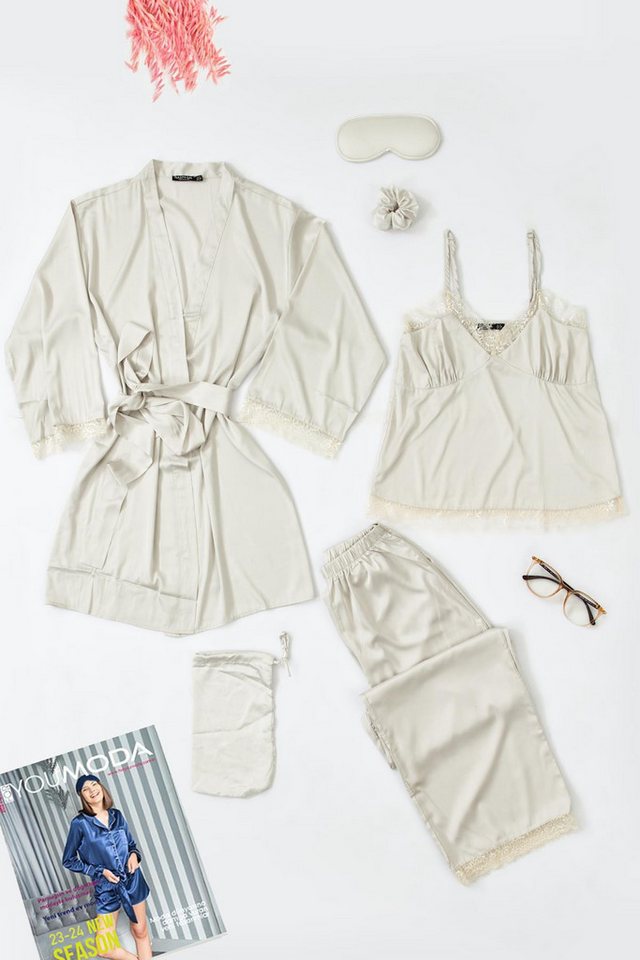 For You Moda Pyjama 6-teiliges Nachtwäsche-Set mit Spitzenbesatz in Grau Schlafanzug-Ensem von For You Moda