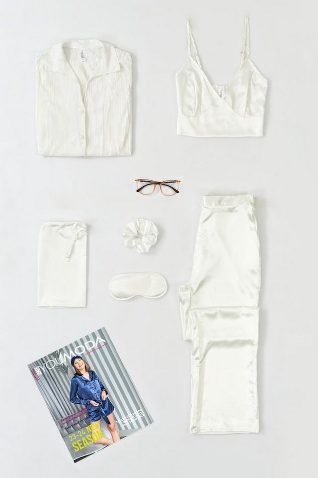 For You Moda Pyjama 6-teiliges Plissee Ecru Bustier Pyjama-Set von For You Moda