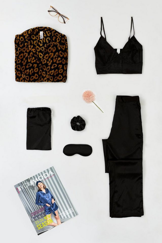 For You Moda Pyjama 6-teiliges Plissee-Leopard-Bustier-Schwarzes Pyjama-Set von For You Moda
