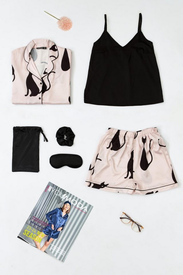 For You Moda Pyjama 6-teiliges Rosa Satin Katzenprint Pyjama-Shorts-Set von For You Moda