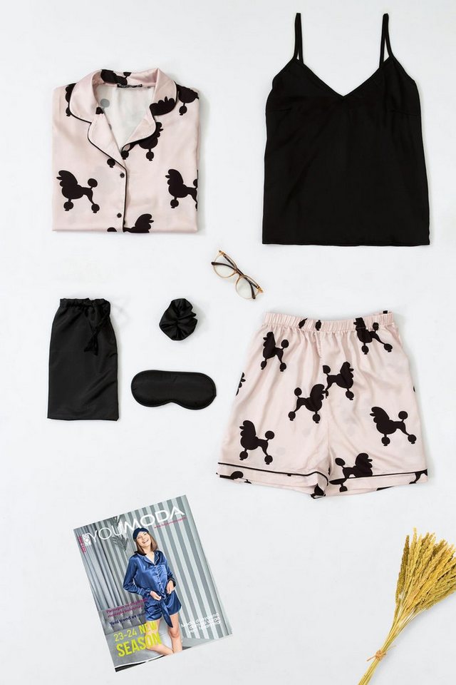 For You Moda Pyjama 6-teiliges Satin-Hunde-Print-Pyjama-Set von For You Moda