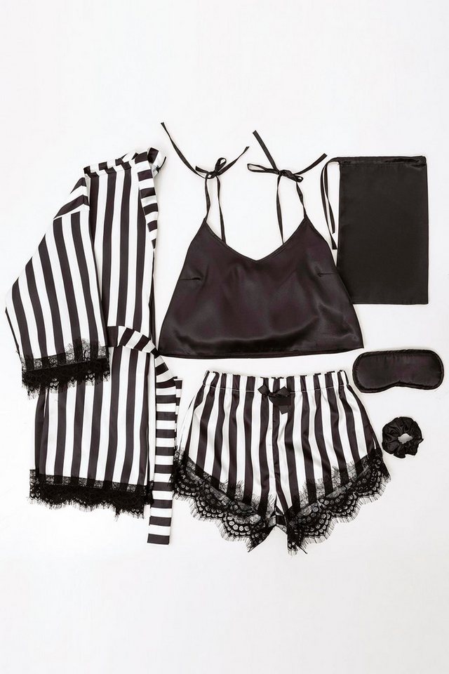 For You Moda Pyjama 6-teiliges Schwarz-Weiß gestreiftes Satin-Tank- und Shorts-Set von For You Moda