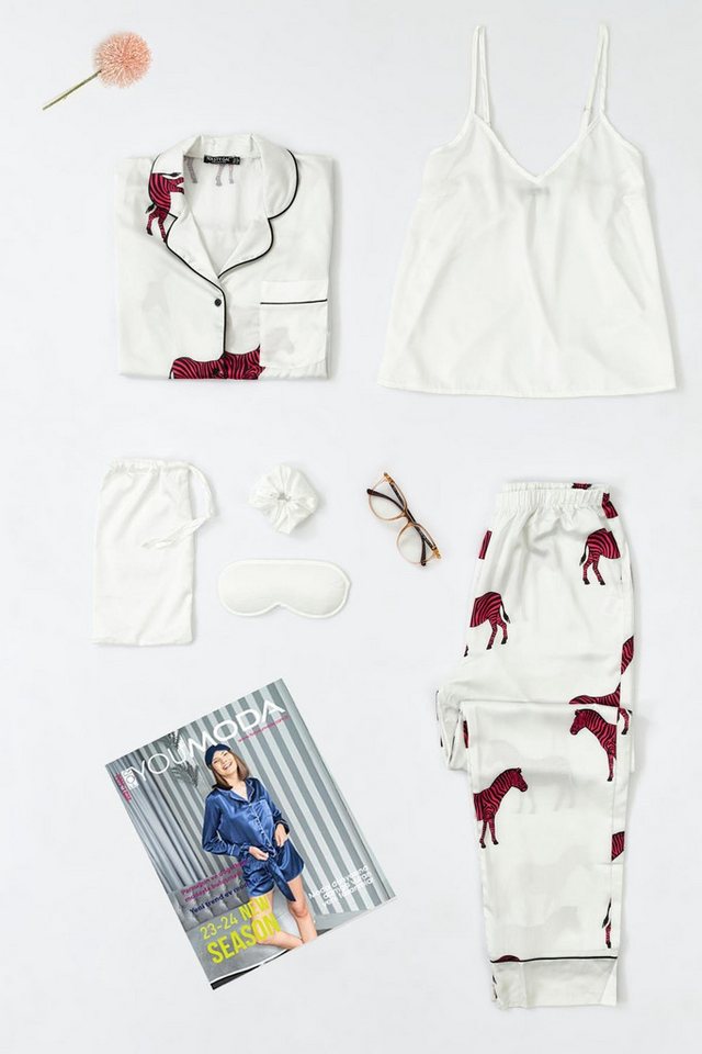 For You Moda Pyjama 6-teiliges Zebra-Print Ecru Satin Pyjama-Set von For You Moda