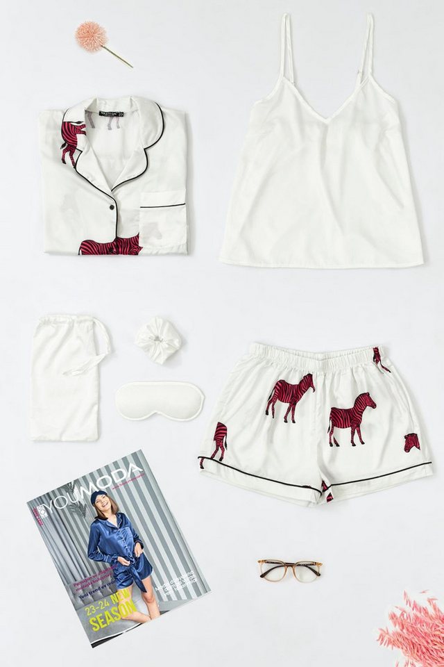 For You Moda Pyjama 6-teiliges Zebra-Print Ecru Satin Pyjama-Shorts-Set von For You Moda