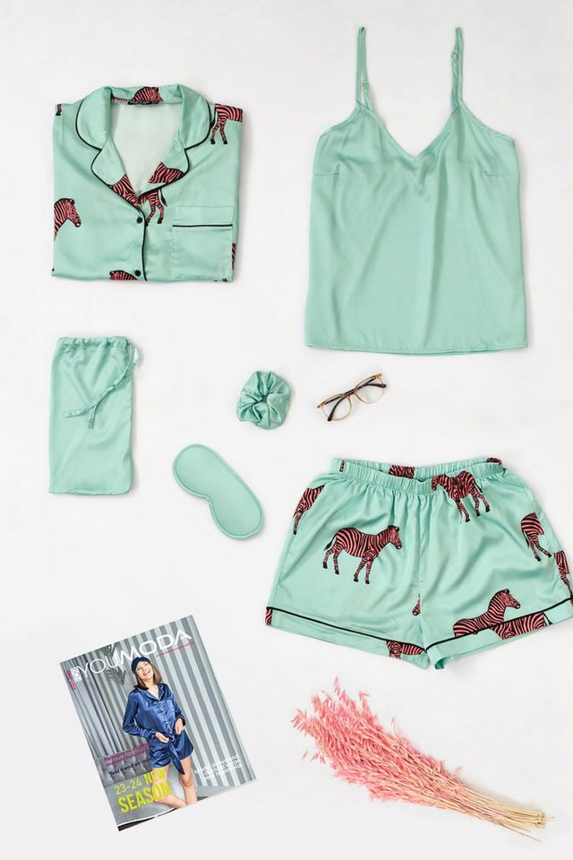 For You Moda Pyjama 6-teiliges grünes Satin-Pyjama-Shorts-Set mit Zebra-Print von For You Moda