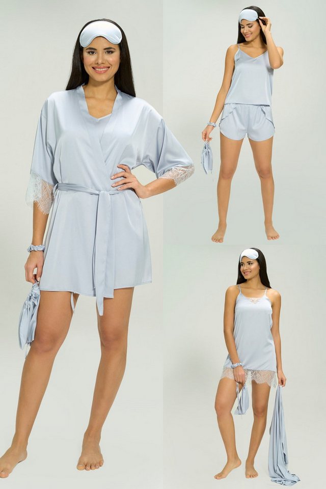 For You Moda Pyjama 7-teiliges Satin Babyblau Spitzen-Detail Pyjama-Set von For You Moda