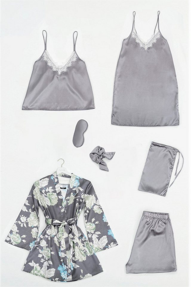 For You Moda Pyjama 7-teiliges Satin-Blumen-Grau-Pyjama-Set von For You Moda