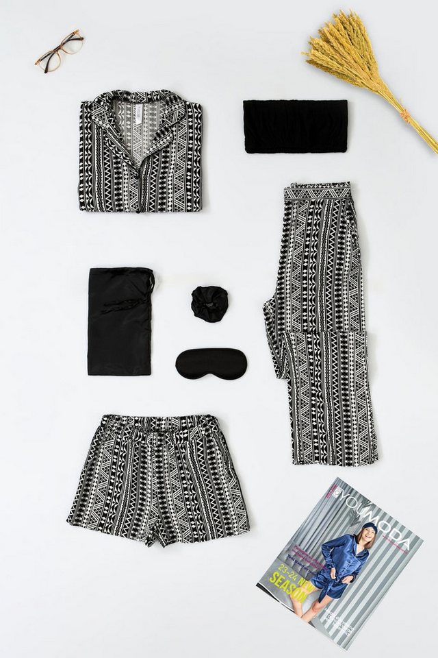 For You Moda Pyjama 7-teiliges Viskose Asymmetrisches Schwarzes Pyjama-Set für Drinnen und von For You Moda