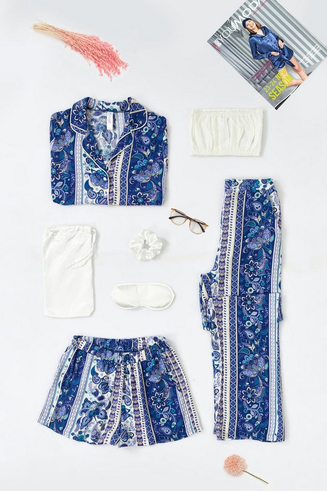 For You Moda Pyjama 7-teiliges Viskose Ethno-Print Blau Pyjama Set für drinnen und draußen von For You Moda