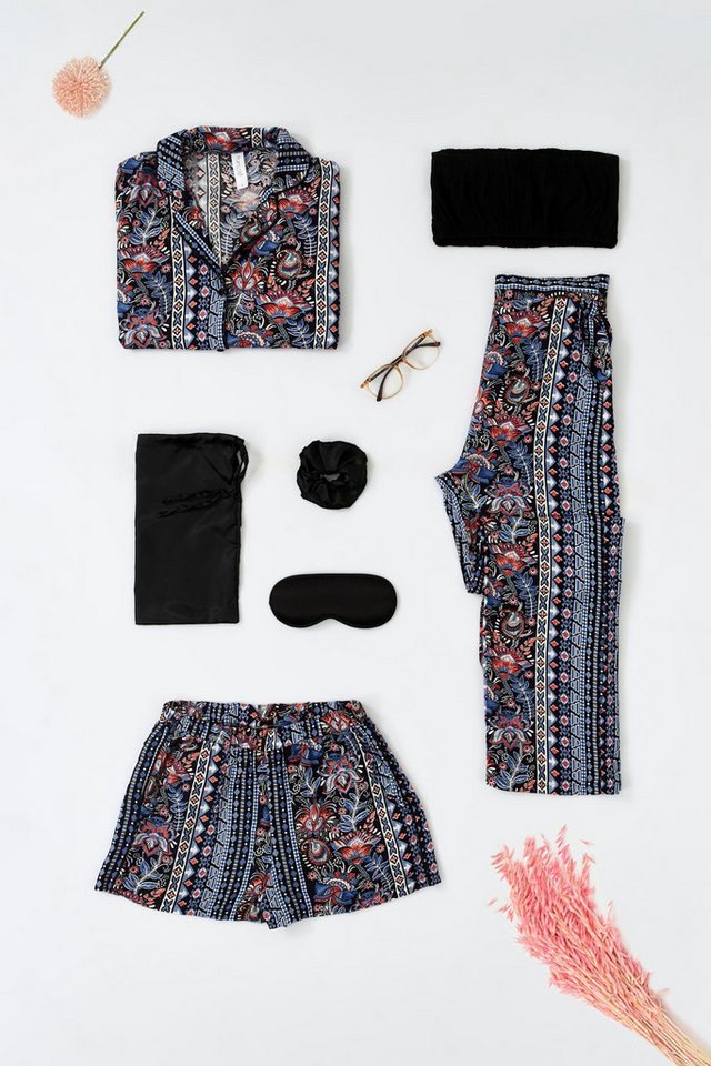 For You Moda Pyjama 7-teiliges Viskose Ethno-Print Schwarzes Pyjama-Set von For You Moda