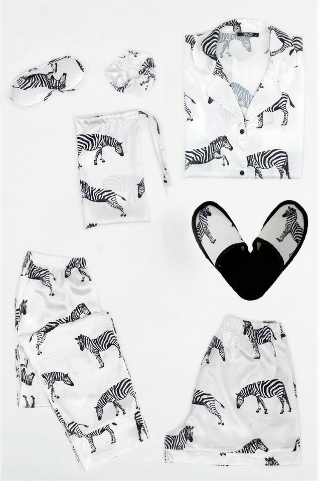 For You Moda Pyjama 7-teiliges weißes Satin-Pyjama-Set mit Zebra-Print von For You Moda