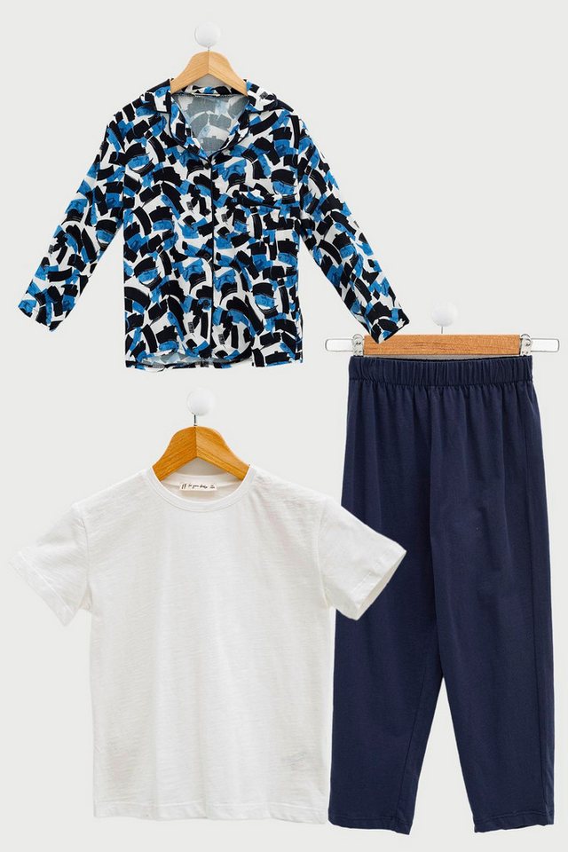 For You Moda Schlafanzug 3-teiliges Marineblau Pyjama-Set mit T-Shirt und Hose von For You Moda
