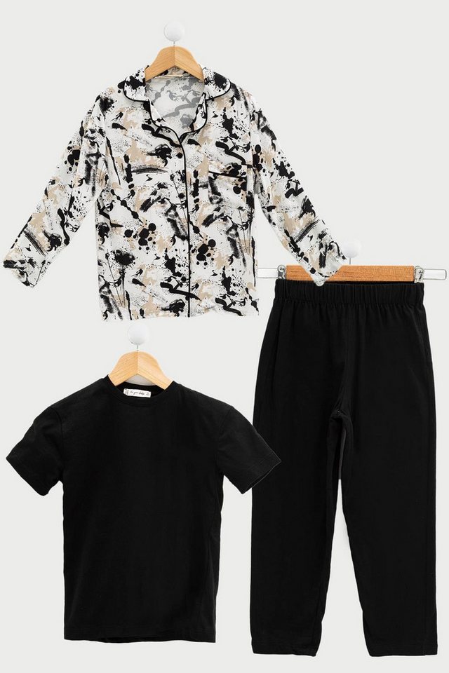 For You Moda Schlafanzug 3-teiliges Schwarzes T-Shirt und Hose Pyjama-Set von For You Moda