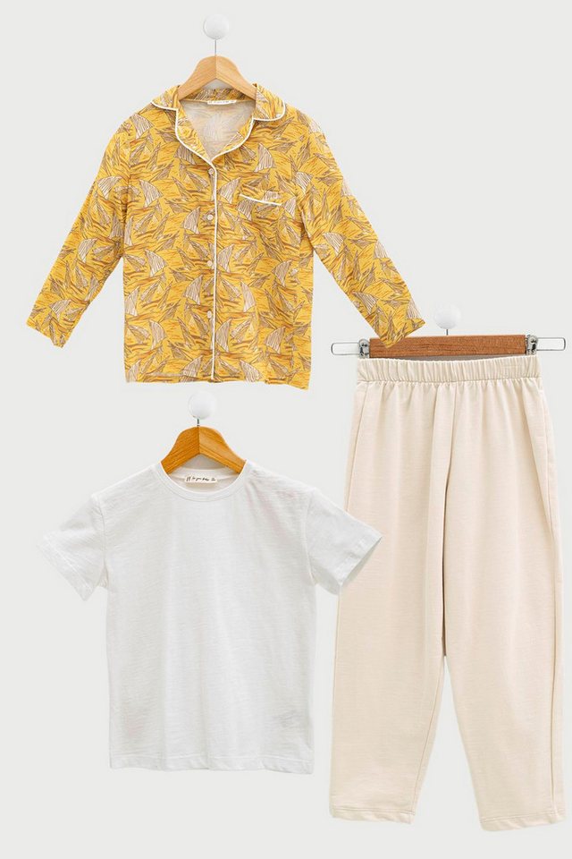 For You Moda Schlafanzug 3-teiliges Stein-Pyjama-Set mit T-Shirt und Hose von For You Moda