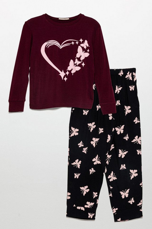 For You Moda Schlafanzug Bedrucktes Schmetterling Viskose Burgund Pyjama Set von For You Moda