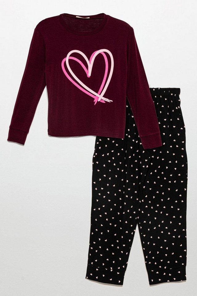 For You Moda Schlafanzug Herzdruck Naturviskose Burgunder Pyjama-Set von For You Moda
