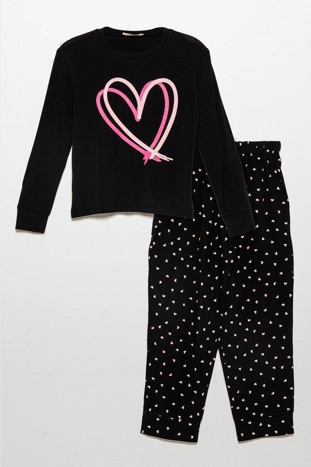 For You Moda Schlafanzug Herzdruck Naturviskose Schwarzes Pyjama-Set von For You Moda