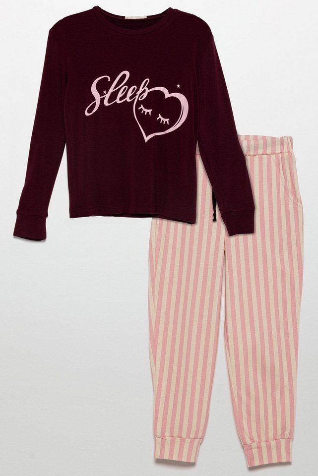 For You Moda Schlafanzug Viskose Rotes Pyjama-Set mit Herzmuster - Nachtwäsche von For You Moda