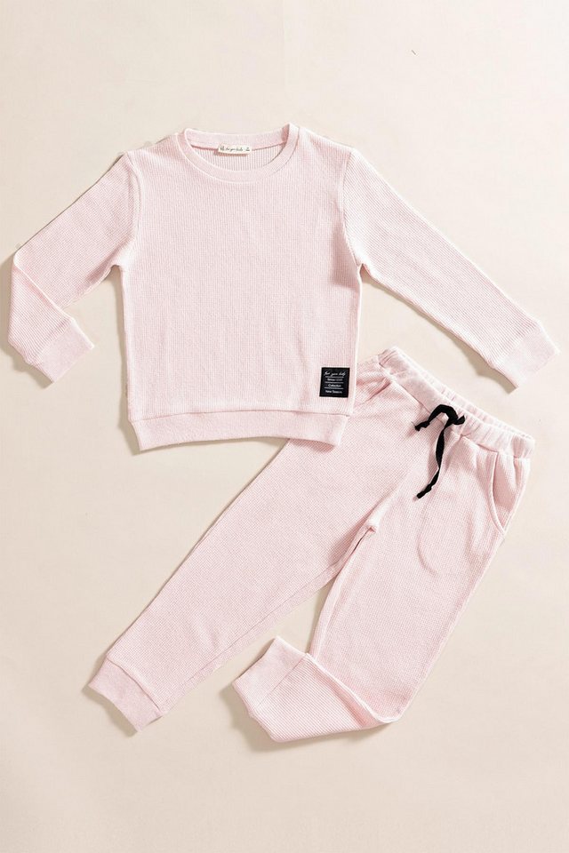 For You Moda Shorts 2-teiliges Rosa Baumwoll-Waffel-Sweat-Jogger-Set von For You Moda