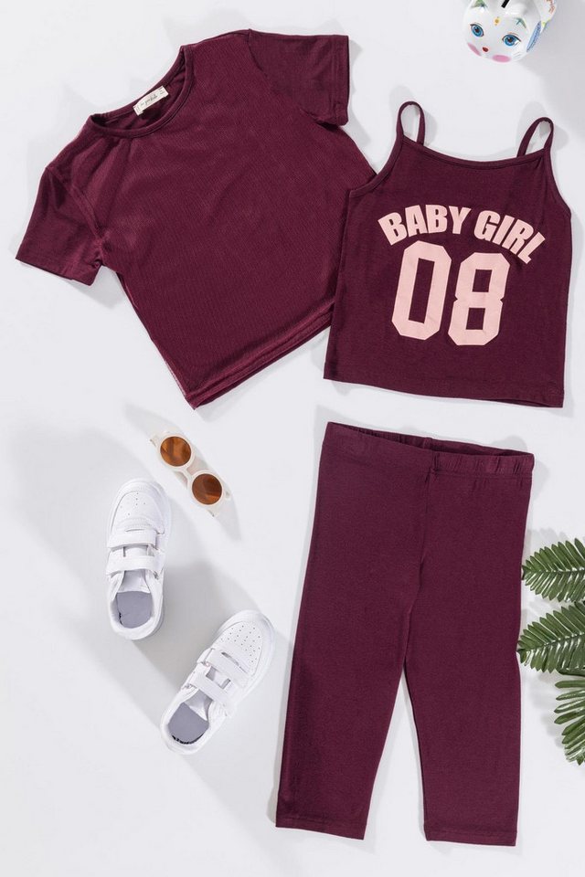 For You Moda Shorts 3-teiliges Baby-Mädchen-Set in Burgund mit bedrucktem T-Shirt, Tanktop von For You Moda