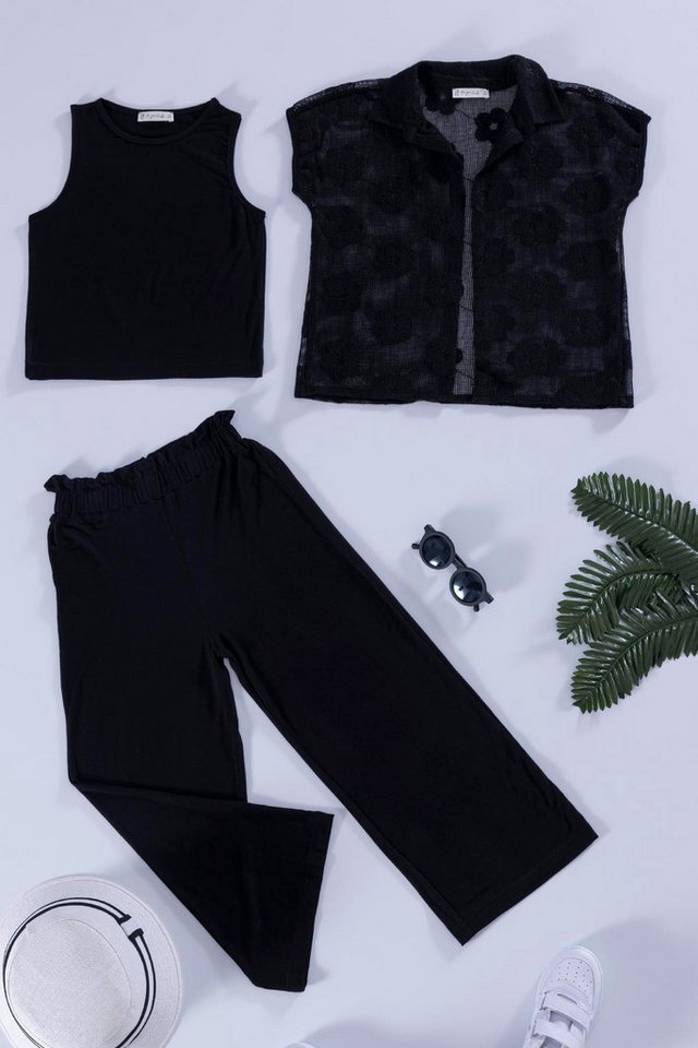 For You Moda Shorts 3-teiliges Blumen-Brokat Schwarz Shirt T-Shirt Hose Set von For You Moda