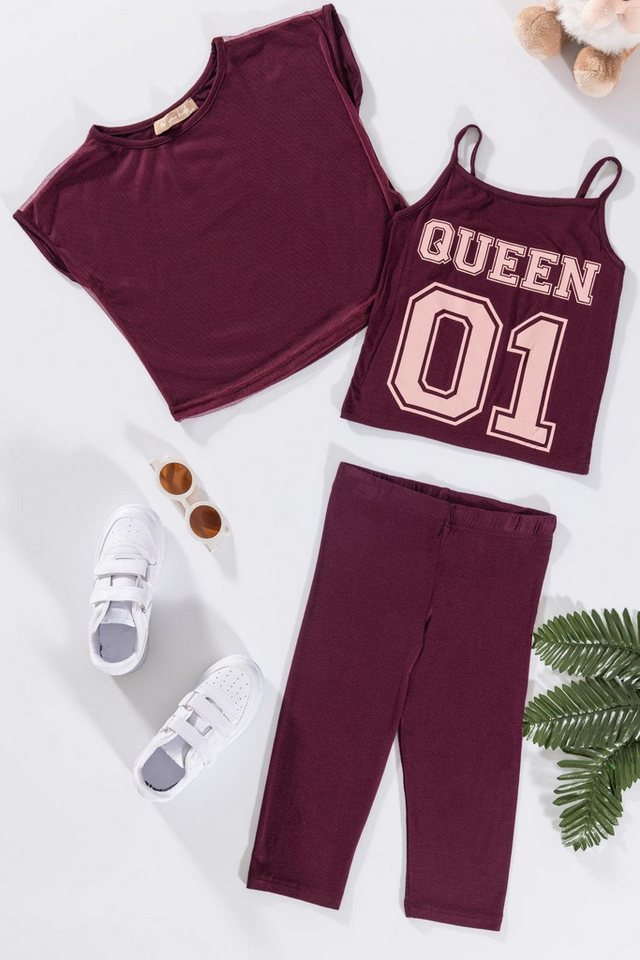 For You Moda Shorts 3-teiliges Königin-Druck T-Shirt, Tank Top und Leggings Set in Burgund von For You Moda