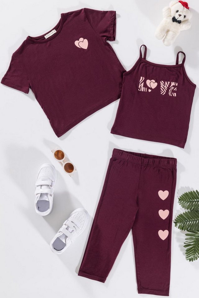 For You Moda Shorts 3-teiliges Love-Print T-Shirt, Tank Top und Leggings Set in Burgund von For You Moda