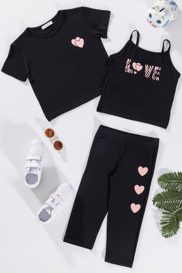 For You Moda Shorts 3-teiliges Love-Print T-Shirt, Tank Top und Leggings Set in Schwarz von For You Moda