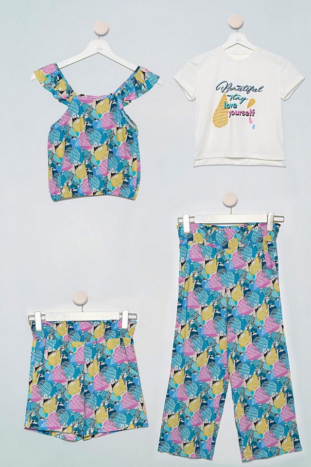 For You Moda Shorts 4-teiliges Gelbes Blusen T-Shirt Hose Shorts Set von For You Moda