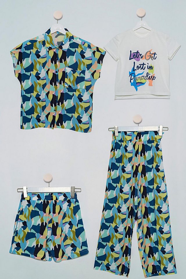 For You Moda Shorts 4-teiliges Marine gemustertes Hemd T-Shirt Hose Shorts Set von For You Moda