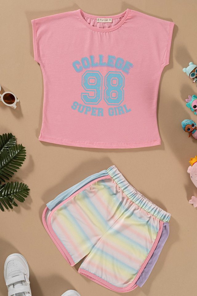 For You Moda Shorts Bedrucktes Fledermausärmel Rosa Co-ord Set von For You Moda