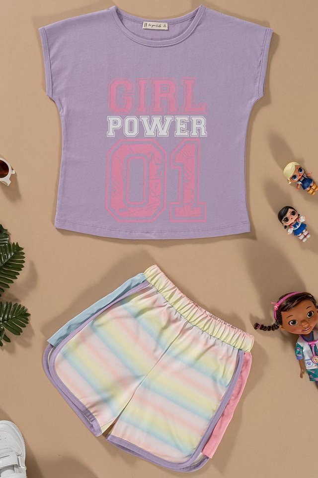 For You Moda Shorts Bedrucktes Fledermausärmel-Set mit lila Details - Oberteil und Unterte von For You Moda