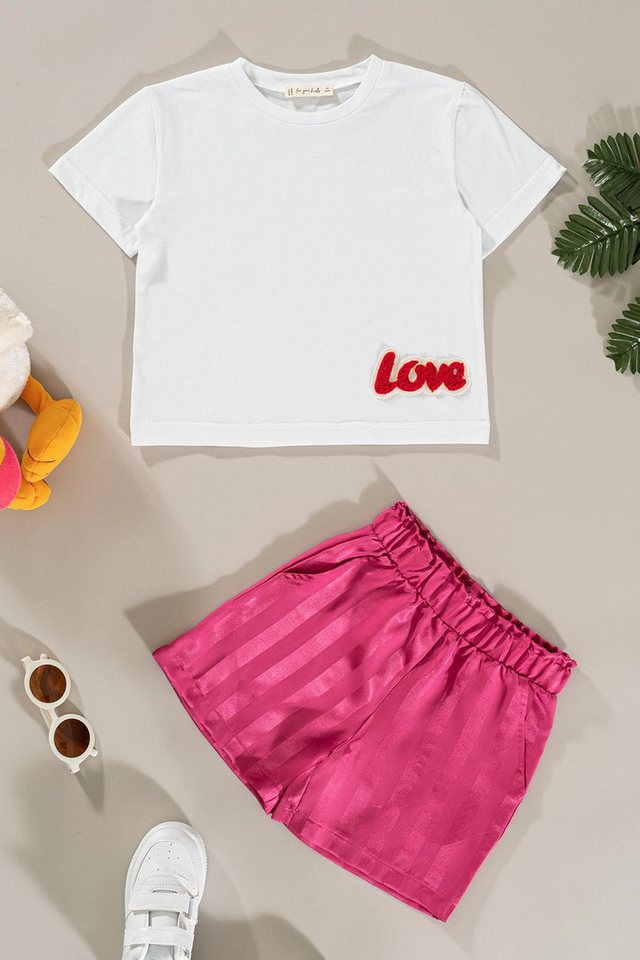 For You Moda Shorts Besticktes Fuchsia Weiß Jacquard-Shorts-Set von For You Moda