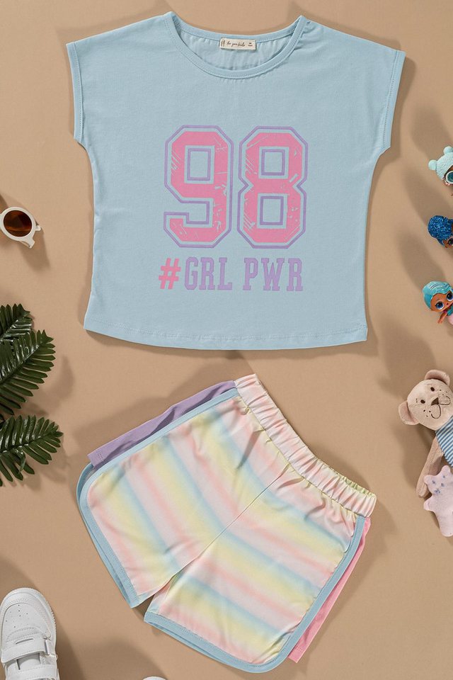 For You Moda Shorts Gedrucktes Fledermausärmel Blau Co-ord Set von For You Moda